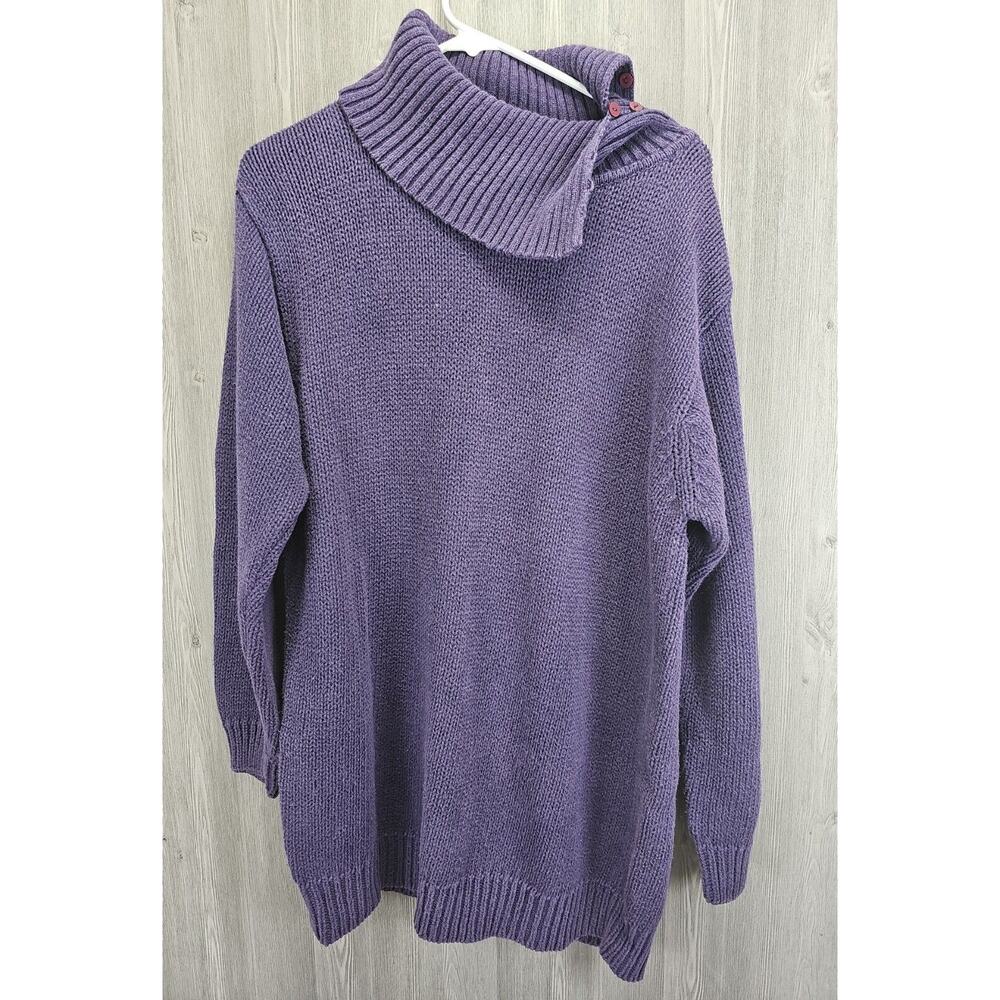 Vintage Woods And Gray Chunky Knit Sweater Button Up Turtle Neck Womens L Purple